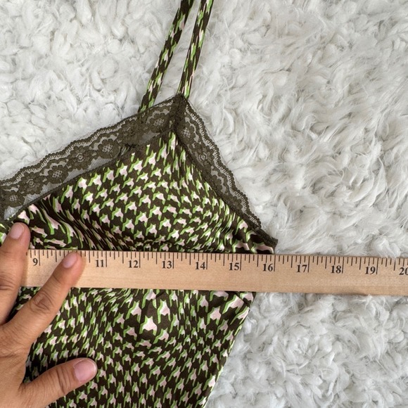Daisy Street Wavy Print Satin Midi Houndstooth Lace‎ Trim Slip Dress Green SMALL - Picture 5 of 8